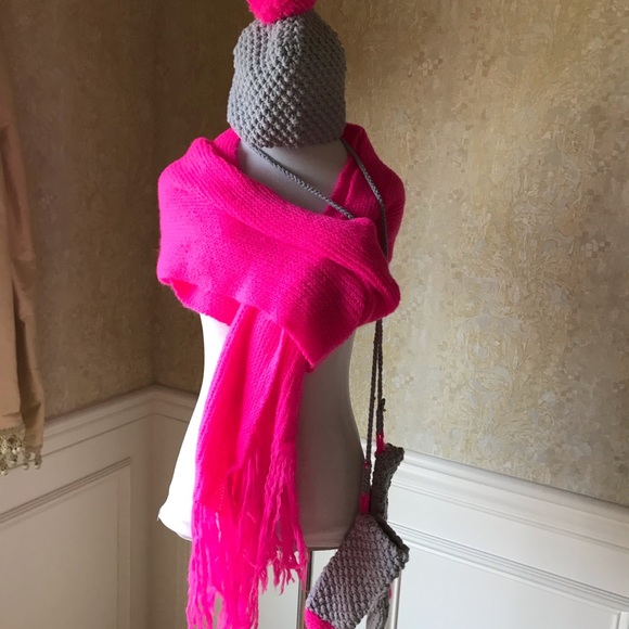 Accessories - Hot pink scarf with matching hat and mittens